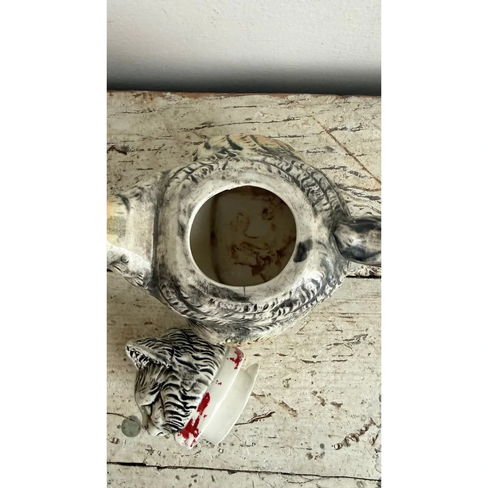 Vintage Japanese Hand Painted Ceramic Cat Teapot Grey Tabby Red Collar